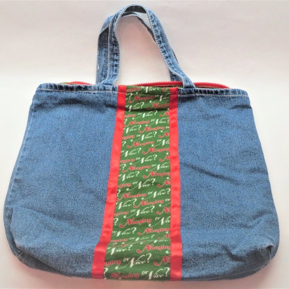 Naughty or Nice Hand-Crafted Lined Denim Zippered NEW Holiday Tote Bag - Picture 1 of 4